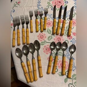 Gibson Bamboo Handle Flatware Set - Yellow and Brown